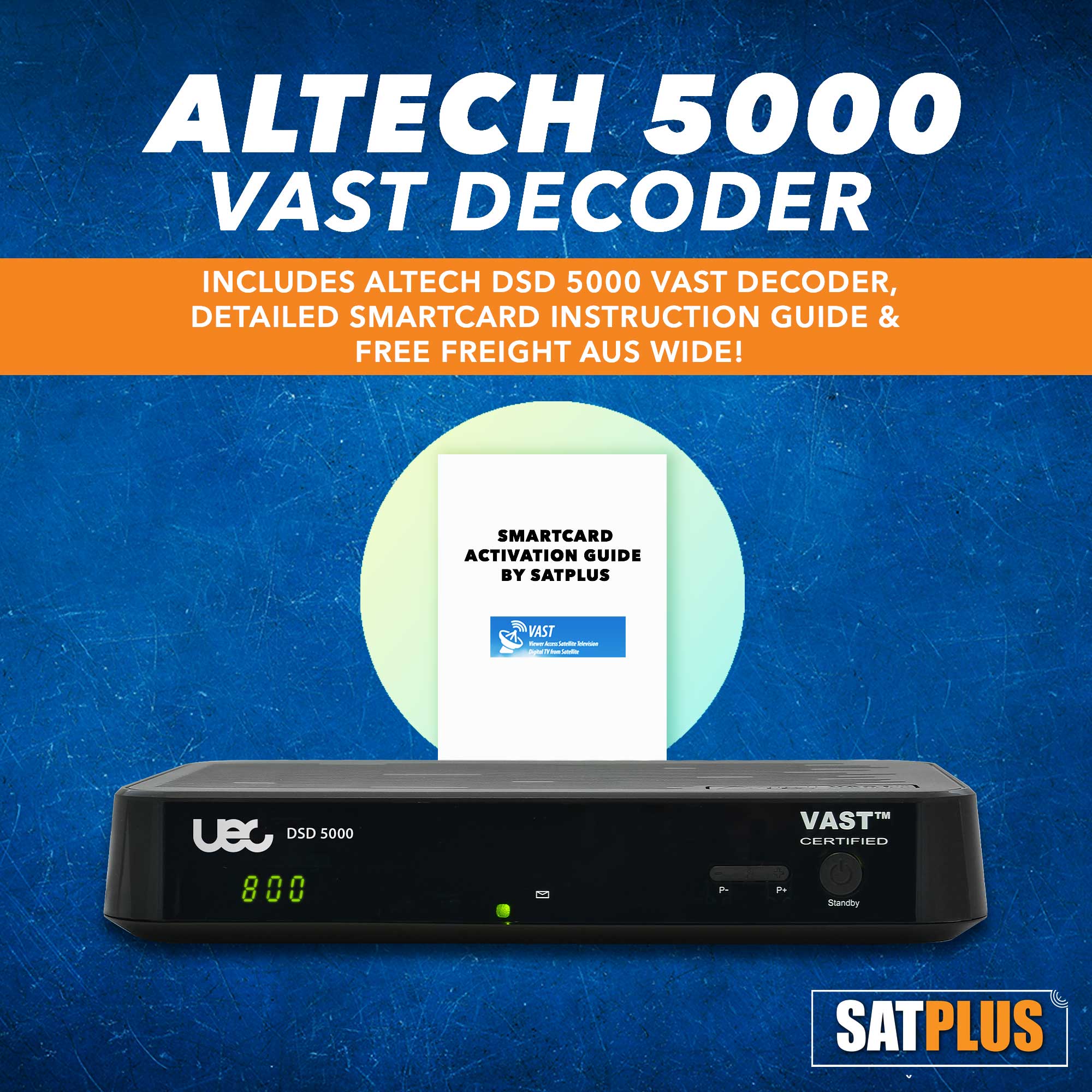 The UEC VAST Decoder DSD 5000 with a digital display and twin tuner and smartcard activation guide